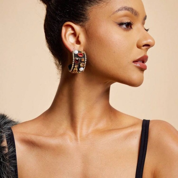 2/$30🌵 Bejeweled Thick Black Hoop Earrings Rhinestone Faux Pearl Royalty NEW - Picture 3 of 16